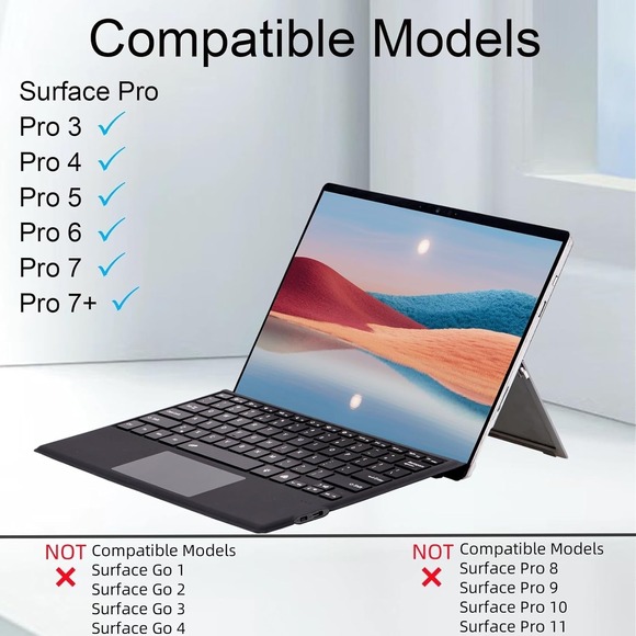 Type Cover Keyboard for Surface Pro 7+/7/6/5/4/3 Wireless 12.3" Black No Backlit - Picture 11 of 15